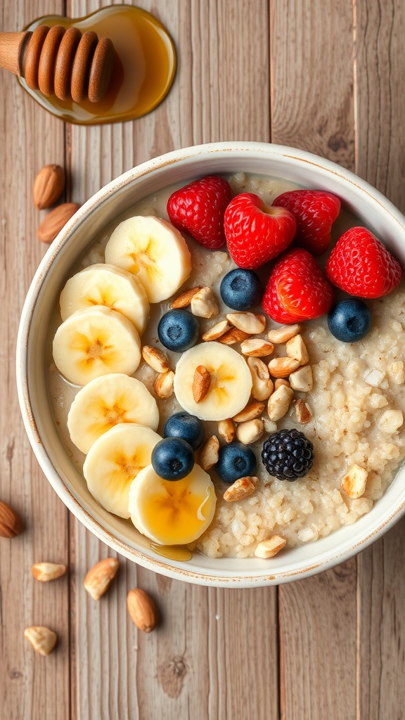 A breakfast bowl with quinoa oatmeal topped with banana, berries, and nuts on a wooden table.